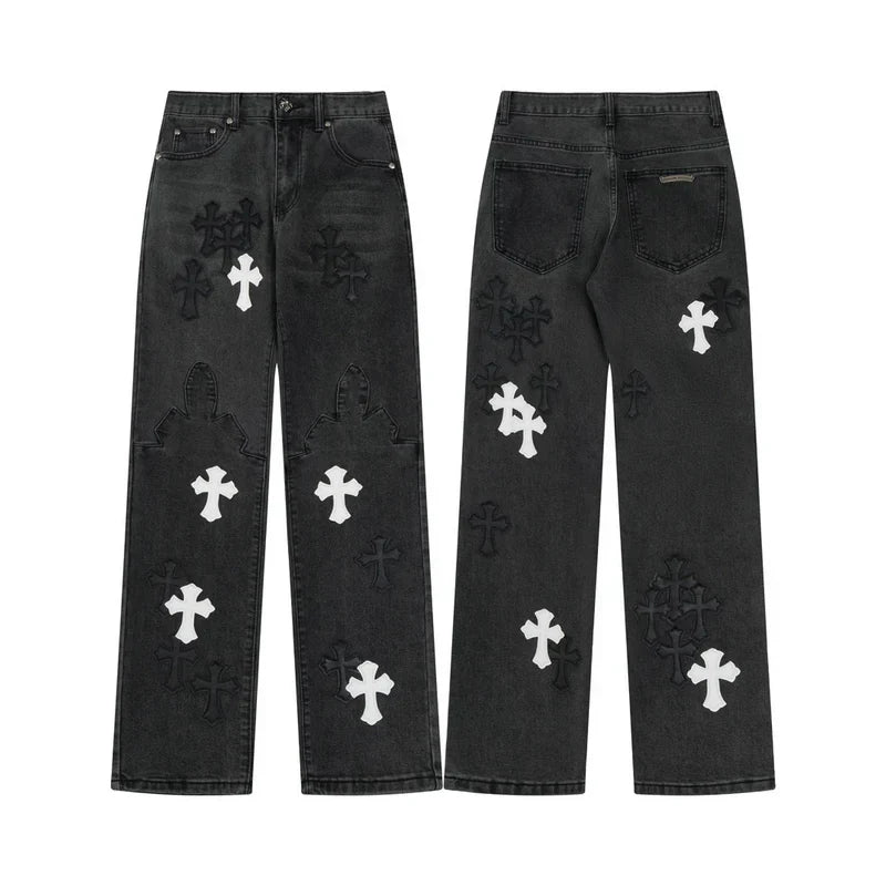 Chrome Hearts Black & White Cross Patch Flame Knee Jeans