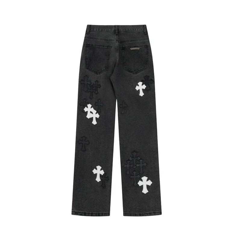 Chrome Hearts Black & White Cross Patch Flame Knee Jeans