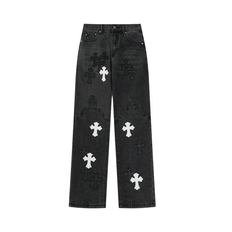 Chrome Hearts Black & White Cross Patch Flame Knee Jeans